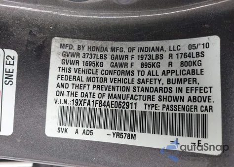 2010 Honda Civic Ex из США, поврежденный, VIN 19XFA1F84AE062911